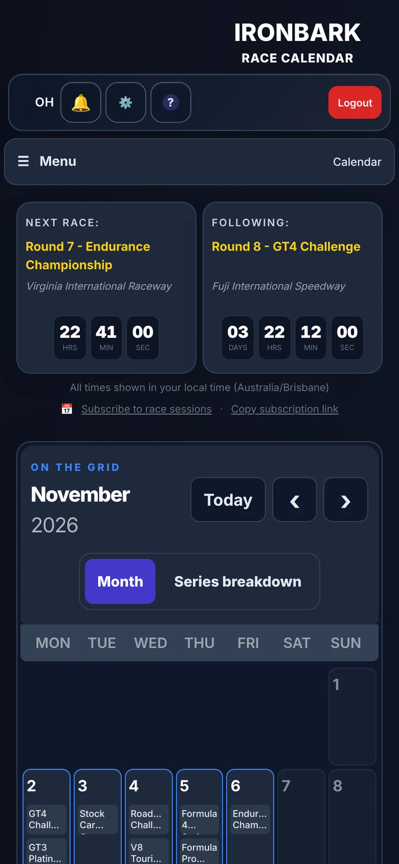 The race calendar on a phone, with countdowns to the next two races.