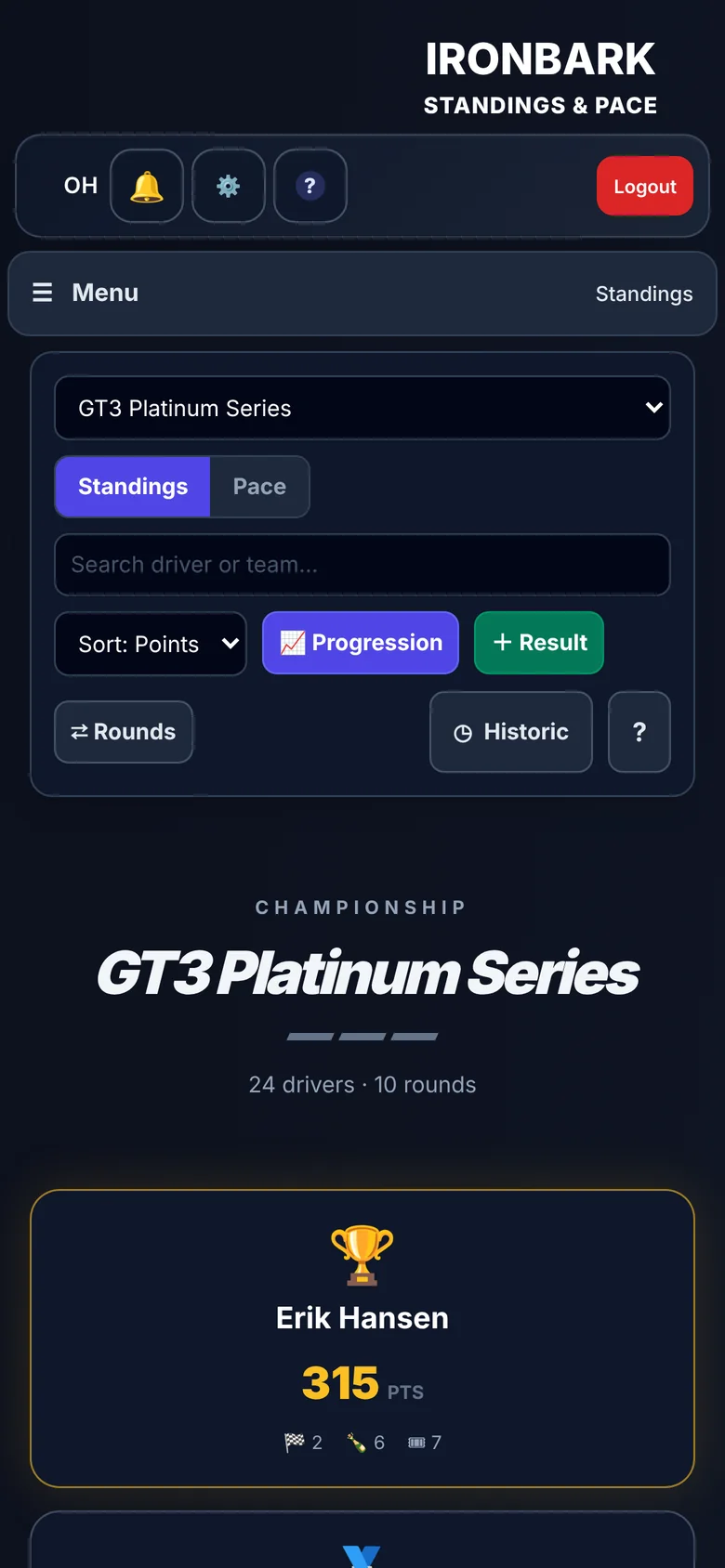 Championship standings on a phone: the series picker, the series title and the leader card.